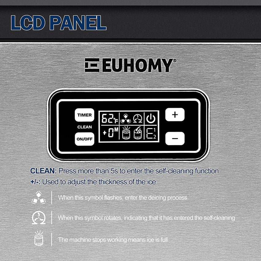 Euhomy Commercial Ice Machine. 2 Way Water Supply 100lbs/24H Stainless Steel Under Counter ice Machine with 33lbs Capacity