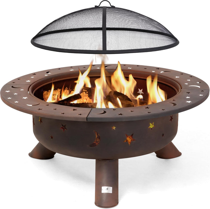 SUNCREAT 42 Patio Fire Pit Wood Burning with Mesh Spark Screen. Bonfire Outdoor firepit with Fireplace Poker. Black